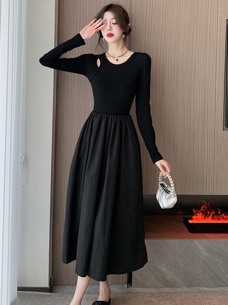 Black Hollow Knitted Long-sleeved Dress Women's Autumn Feeling Hepburn Style Small Black Dress Temperament Waist Long Skirt