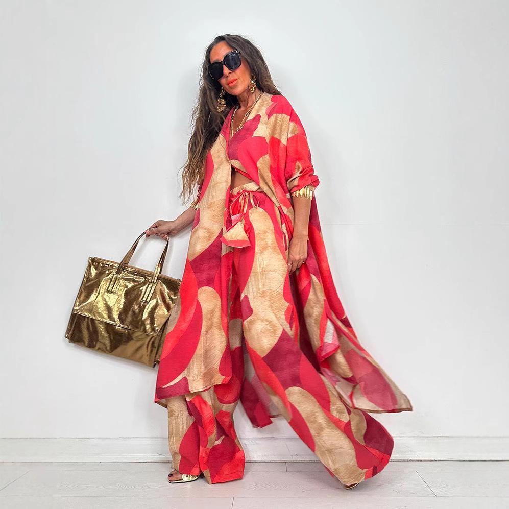 Autumn New Women's Lapel Printed Mid-length Top and Wide-leg Pants Two-piece Set