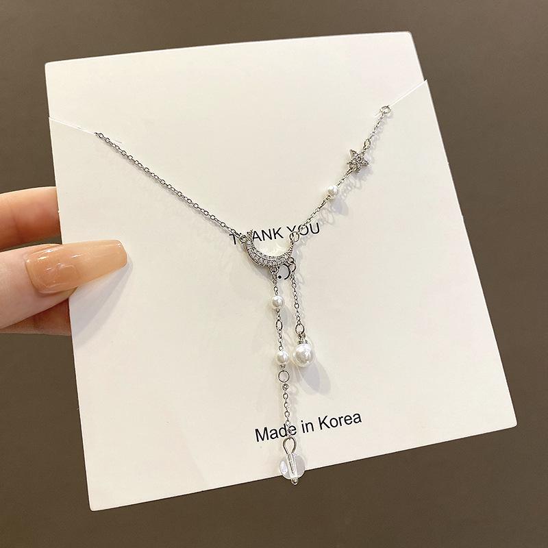 Высококачественное Звезда Луна Кисточка Жемчужное Ожерелье Женское Нишевая Индивидуальность Титановая Сталь Ключица Цепь Европейский и Американский Супер Сказочный Матч