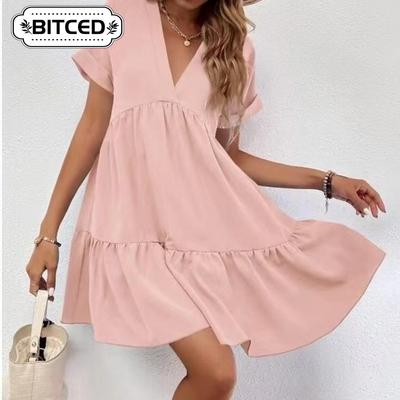 Women's Fashion Summer Spring Solid Color Print Short Sleeve V-Neck Casual Dresses