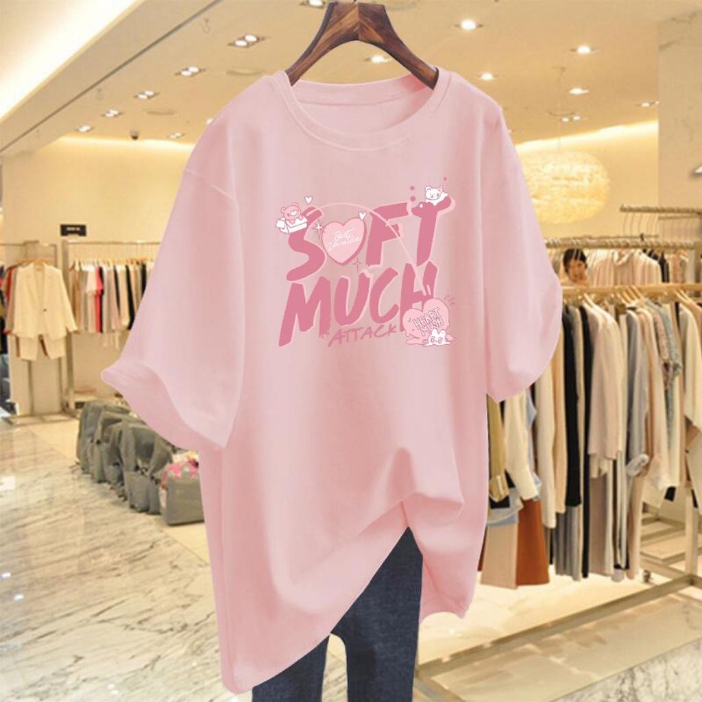 2025 Summer New Heavy Cotton Medium and Long Short-sleeved T-shirt Women's Printing Loose Large Size Bottoming Top Women's Tide