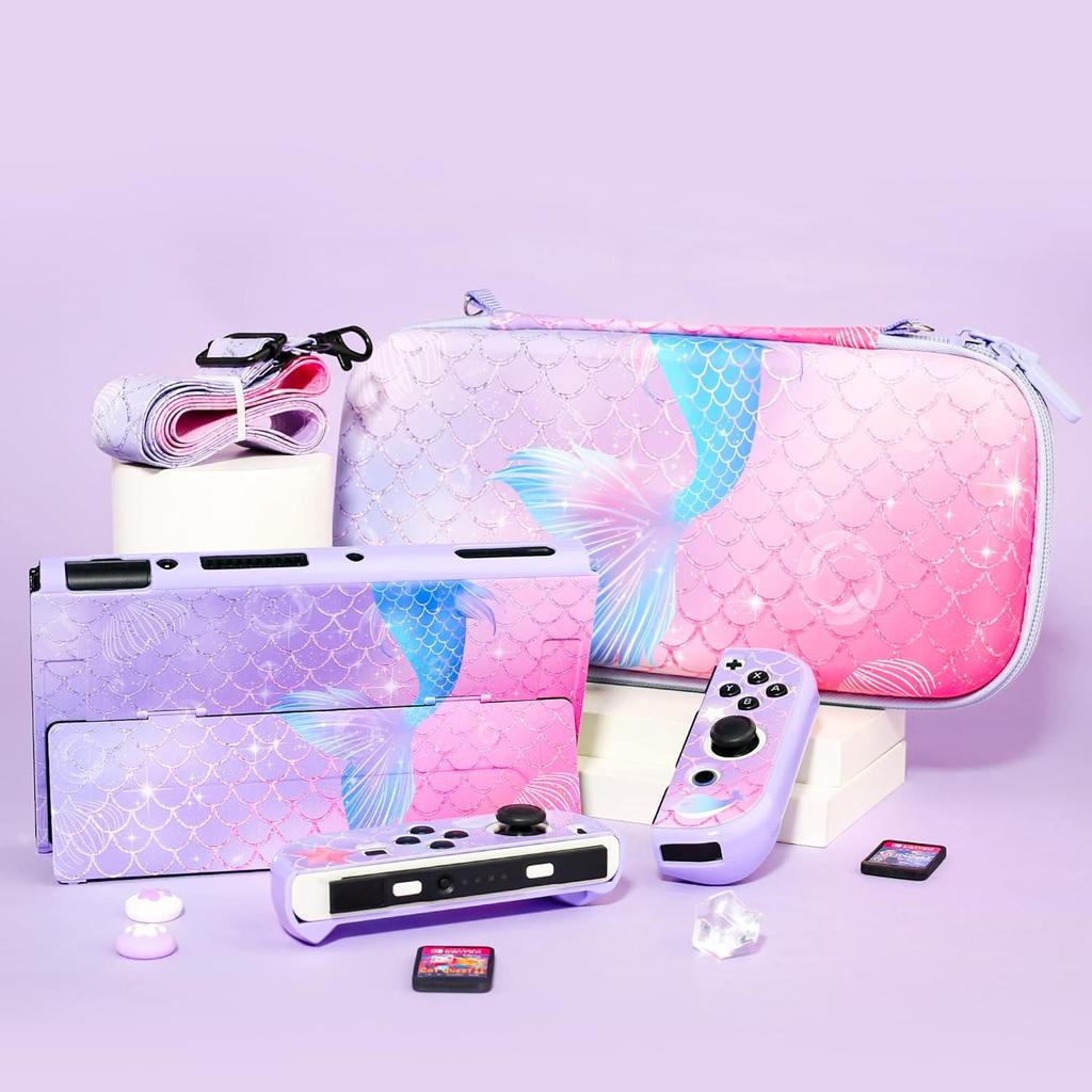 GLDRAM Purple Carrying Case Compatible with Nintendo Switch OLED, Cute Accessories Kit with Travel Case, Switch OLED Protective Shell, Screen
