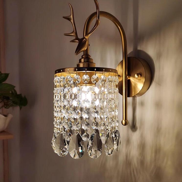 Luxury All-Copper Retro Crystal Wall Lamp with French Deer Design for Living Room and Bedroom