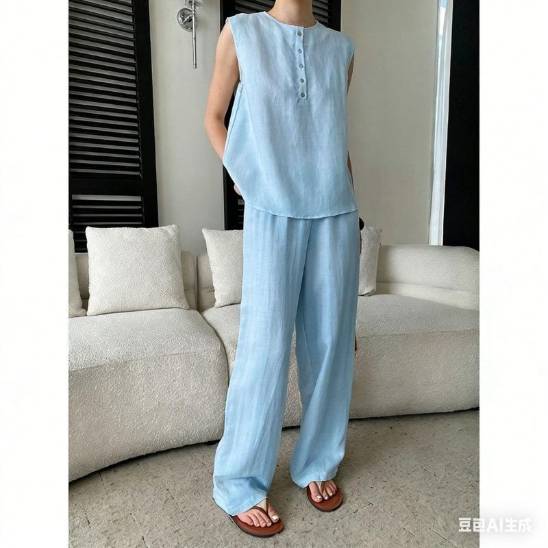 16 New summer thin sleeveless top straight trousers set, solid color temperament lazy two-piece set