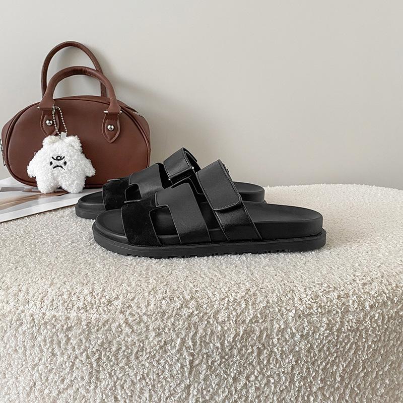 

Sheepskin~ Soft bottom second uncle thick bottom cool slippers women wear Velcro flat bottom soft bottom beach H half slippers in summer 35