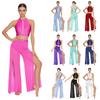 Tenue de Danse Lyrique pour Femmes Strass Sans Manches Dos Creusé Débardeur et Pantalon Large en Maille