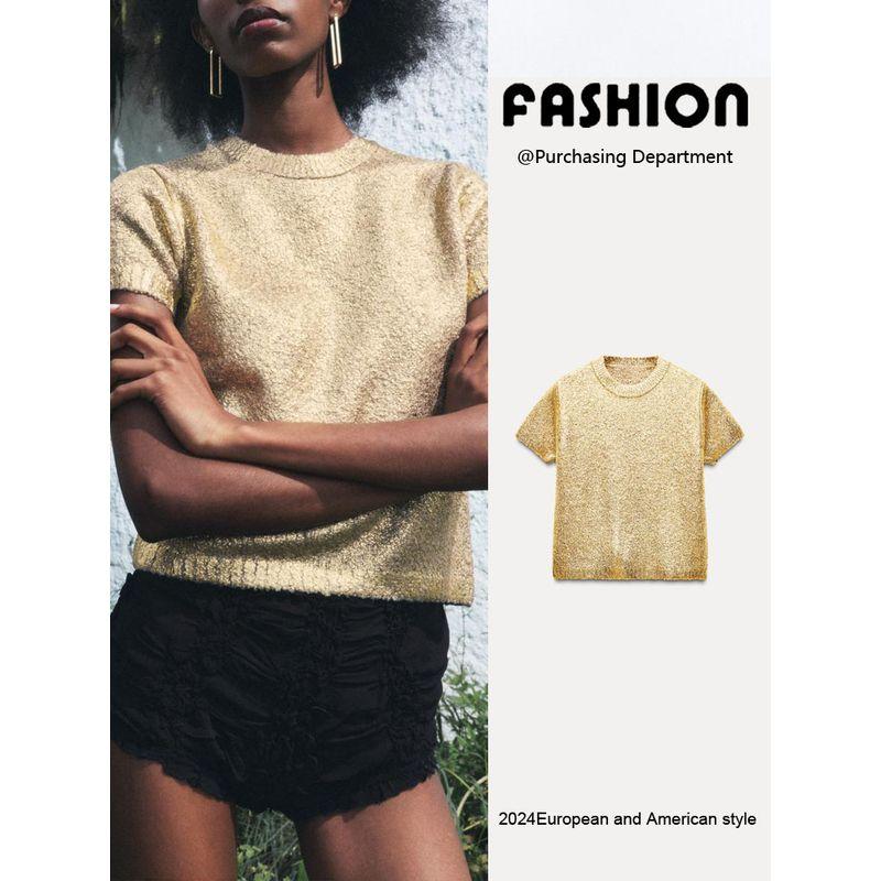 Za2024 Autumn New Women's Clothing Elegant Metal Foil Round Neck Short Sleeve Leisure Pullover Knitwear 6427116