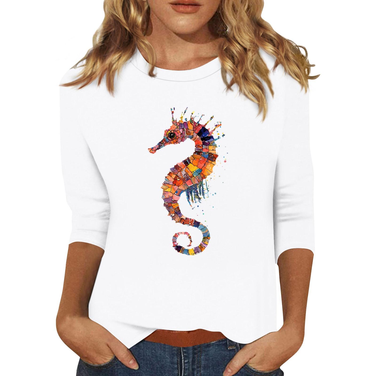 

Женская мода повседневная три четверти рукава гиппокамп печать круглый вырез пуловер топ XL белый