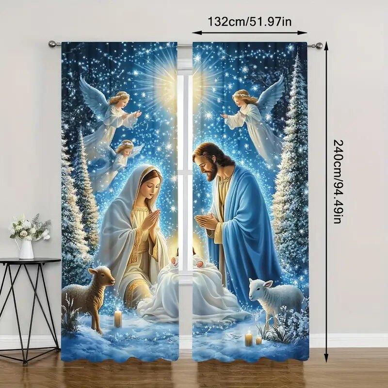 Christmas Jesus Nativity curtains, pole bag curtains, bedroom and living room decoration, home decoration, Christmas decoration