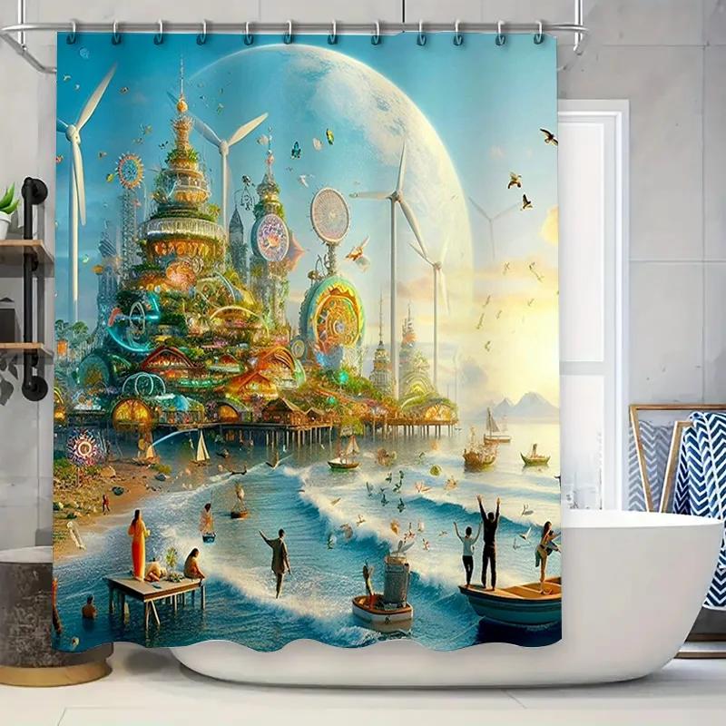 Whimsical Fantasy Shower Curtain Futuristic Castle Beach Scene Decor for Bathroom Printed Waterproof Fabric Various Sizes Avai