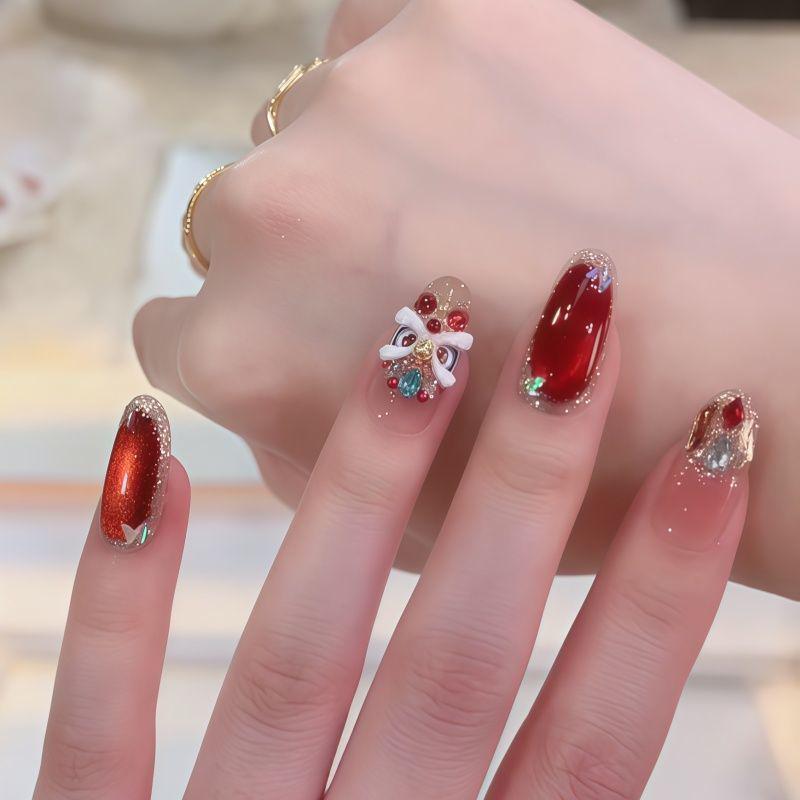 2026 Autumn/Winter Red Cherry Cat Eye Lion Dance Wearable Armor - Elegant Skin-Whitening Handmade Nail Art
