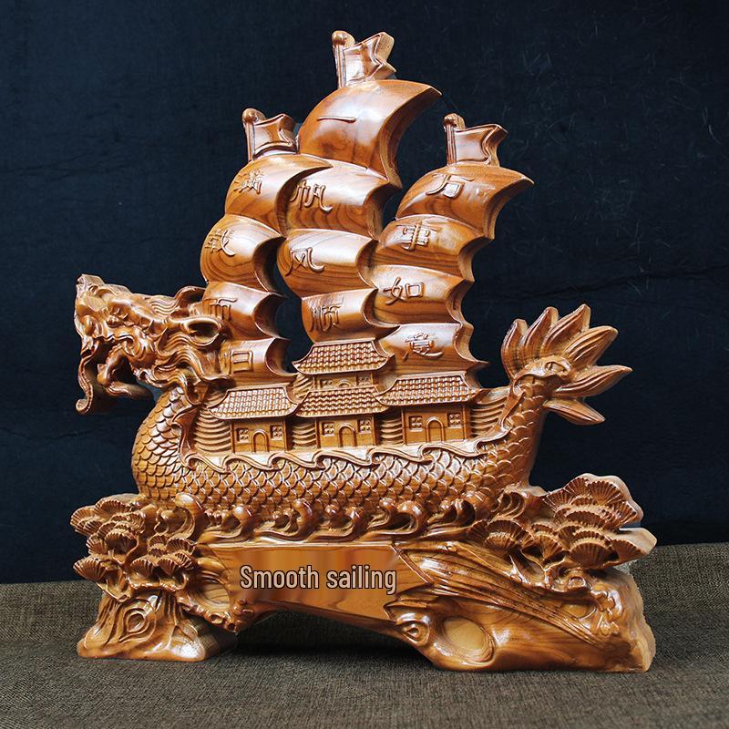 Peach Wood Carved Dragon Boat Ornament for Living Room Decoration