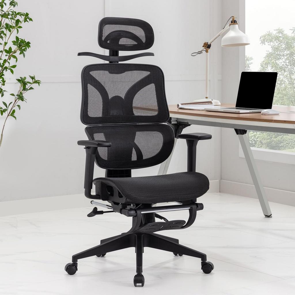 VECELO Office Mesh Desk High Back Work Chair with Rocking Lumbar 3D with Computer Home Office Black Japanese Chair, Headrest, Chair, Footrest,