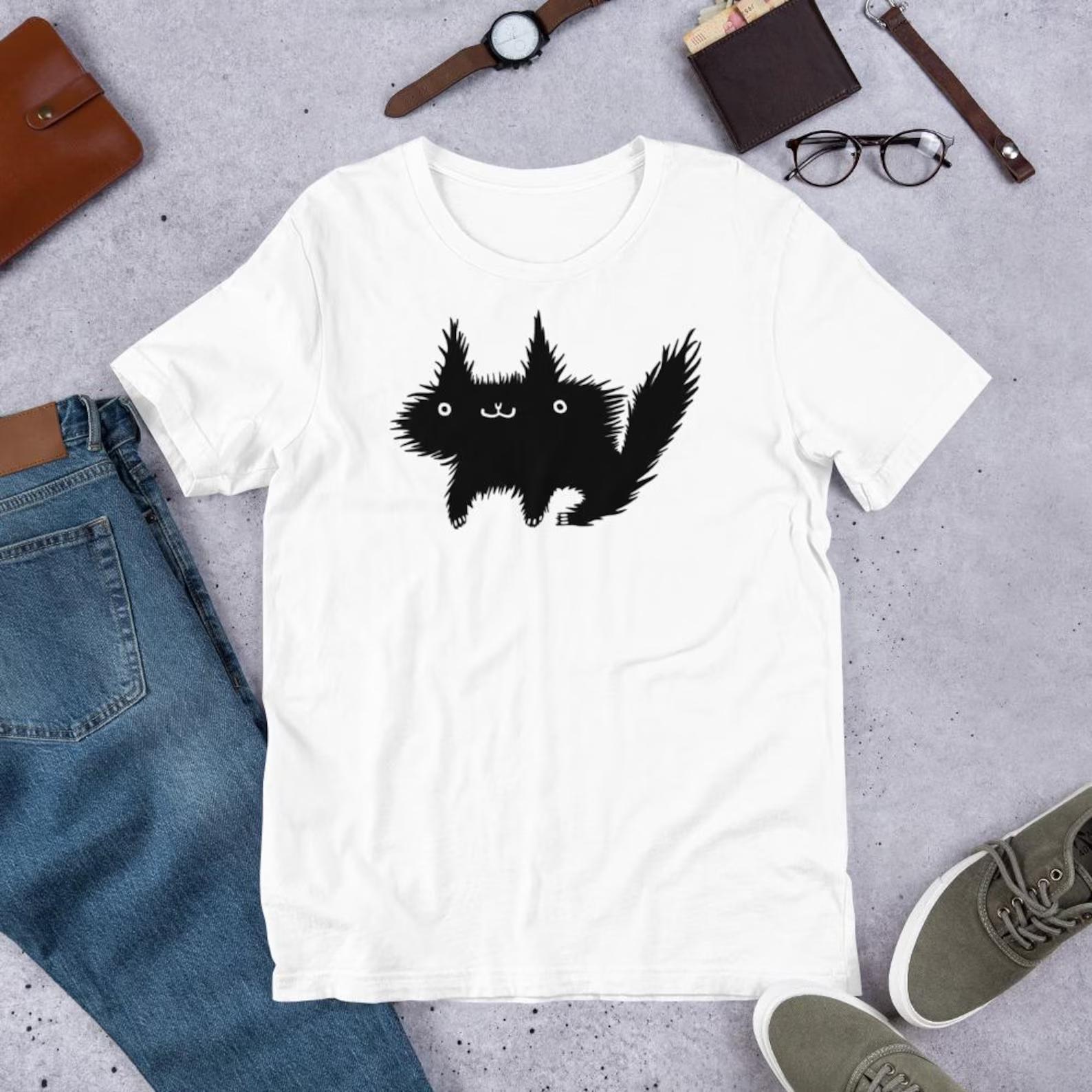 

Cute Fluffy Black Cat Line Art T Shirt Minimalist Crazy Cat Shortsleeved Tee Aesthetic Casual Versatile Top for Women Girl Unisex 4XL