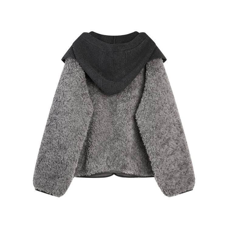 ELLE French Knit Hooded Shawl Fashion Single-Breasted Design Casual Loose Versatile Long Sleeve Plush Coat Women Outerwear EF53027