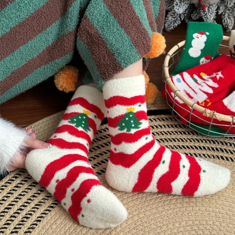 Coral Fleece Floor Crew Socks Christmas Pattern Winter Thermal Warm Fuzzy for Women Men Winter Indoor Slipper Hosiery