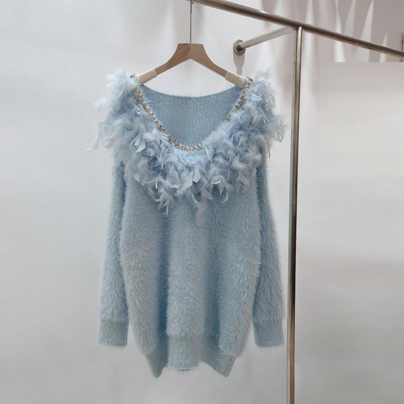 

Women s Autumn and Winter New Mink Fur V-neck Loose Fitting Pullover Long Sleeved Knitted Sweater One size fits all