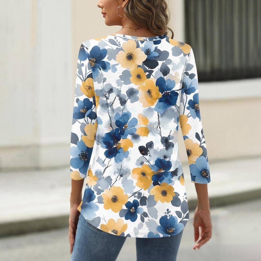 Dámské tričko s potiskem, knoflíky, 3/4 rukávy, pro každý den, na víkend, módní, základní, s výstřihem do V, běžný top