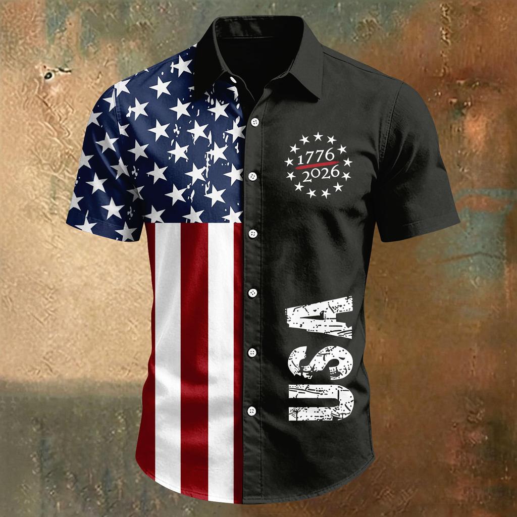 Camisa de manga corta casual deportiva para hombre con estampado del Día de la Independencia y cuello