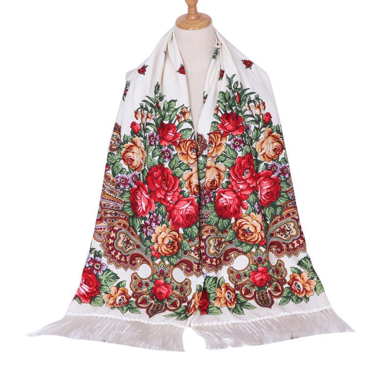 Scarf Women Flower Shawl Autumn And Winter Foulard Warmth Vintage Tassel Hijab Warp Printed Headscarf Bandana