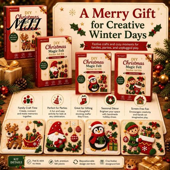 Indoor Outdoor DIY Decor Christmas Magic Felt Sticker Art Kit for Kids, 3D Layered Santa & Tree Custom Sculpting Set Craft Set, No Mess Peel
