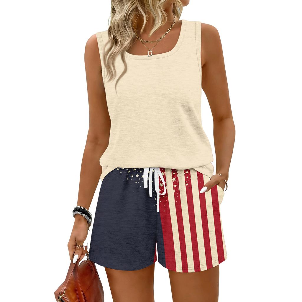 Womens Summer Casual Two Piece Set Sleeveless Tank Top Square Neck Athletic Shorts with Pockets Lightweight Lounge Outfit