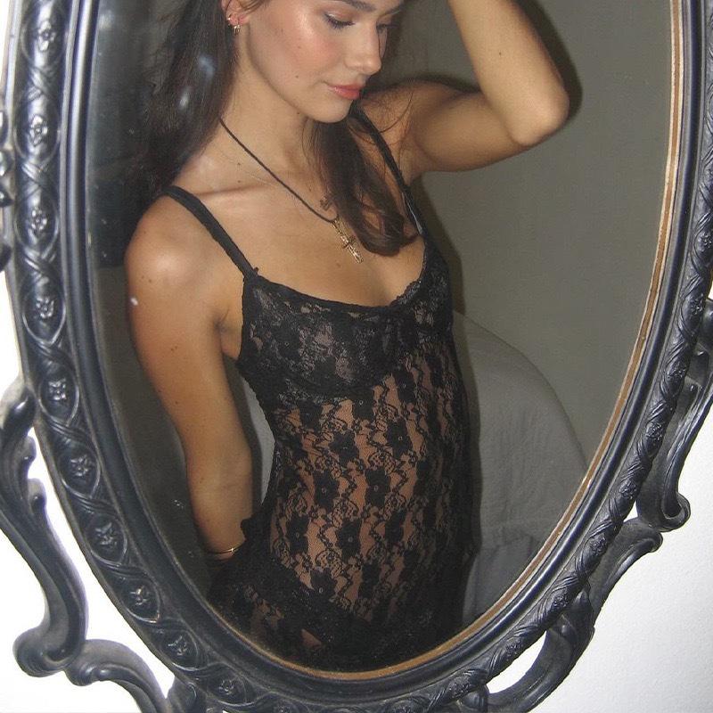 European & American Style Lace See-Through Backless Suspender Dress