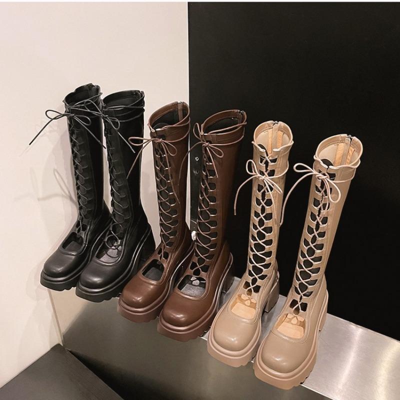 Fashion Comemore Summer Women High Boots Fashion Lace Up Platform Heel Shoes Ladies Elegant Women's Black Hollow Out Cool Knight Botas