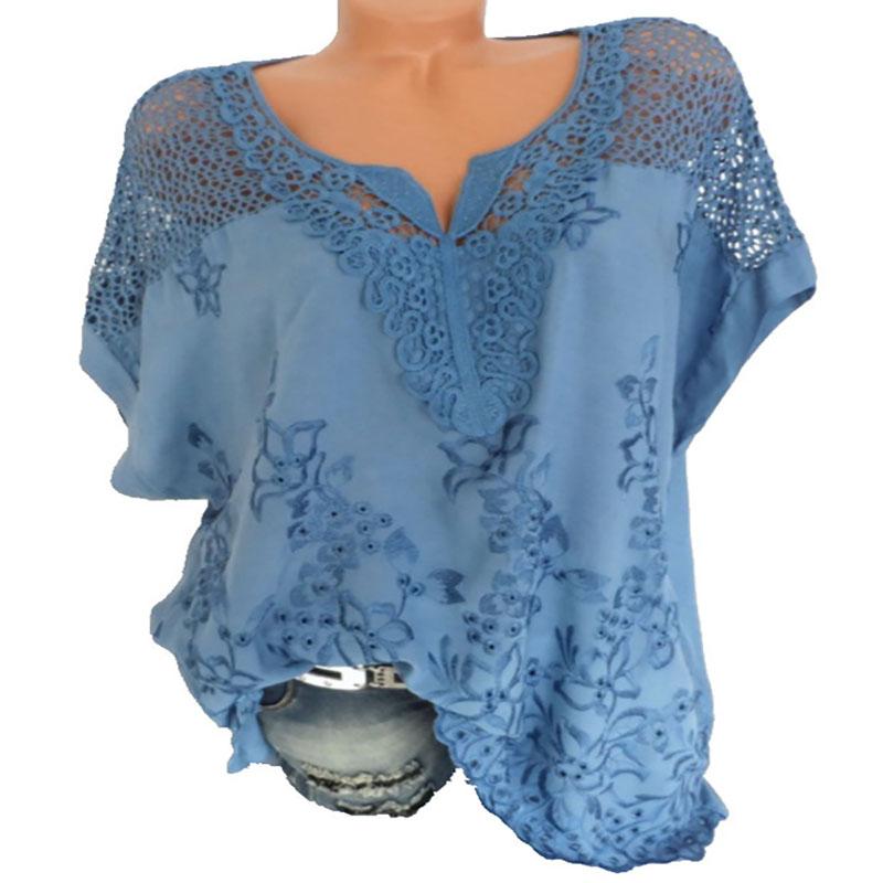 Summer Women's Chiffon Shirt with Hollow Off-the-shoulder Short-sleeved Embroidered Lace Stitching Loose Large Size
