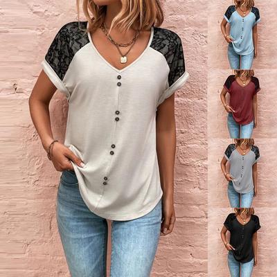Women Summer Casual Lace Splice Short Sleeve V Neck Button Loose Pullover T Shirt Blouse Top