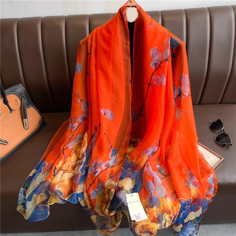 

Big shawl, soft yarn scarf, women s large size fashion simulation silk, flower temperament, commuting sunscreen, light luxury silk scarf 125*180cm