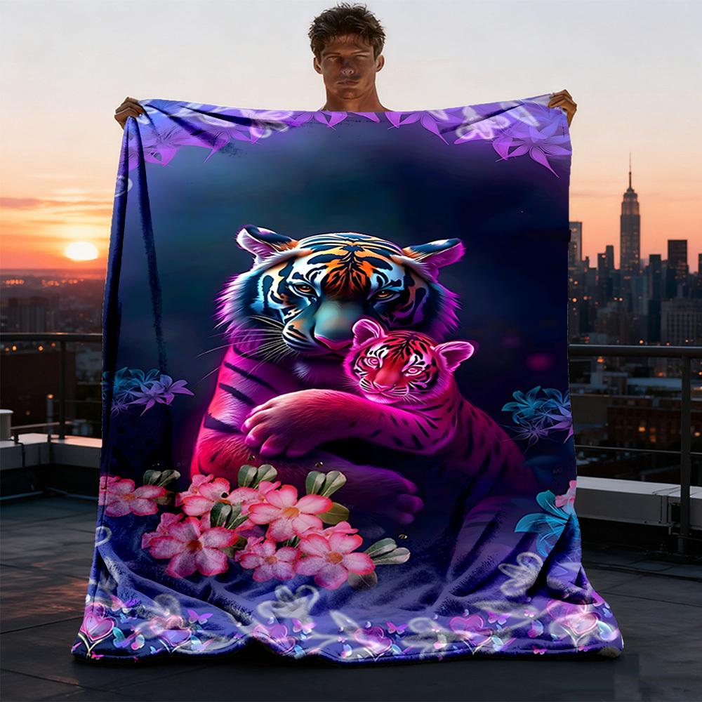 1pc Tiger Floral Fantasy Outdoor Flannel Blanket Soft All Season Polyester Throw , Perfect for Picnics & Travel , Picnic Accessory