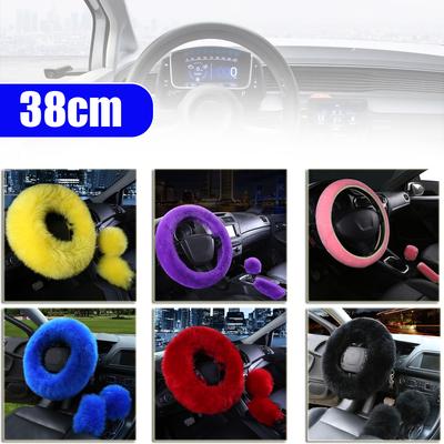 3 STÜCKE Fell Lenkradbezug Schalthebelbezug Handbremsbezug Set Auto Plüsch Warm Flauschig Fuzzy Autozubehör für Frauen Mädchen