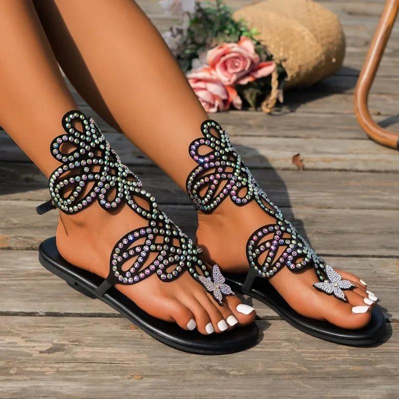 2024 Solid Color Versatile and Comfortable Rhinestone Decorated Women's Shoes Open-Toe Summer Breathable Bow Tuck Toe