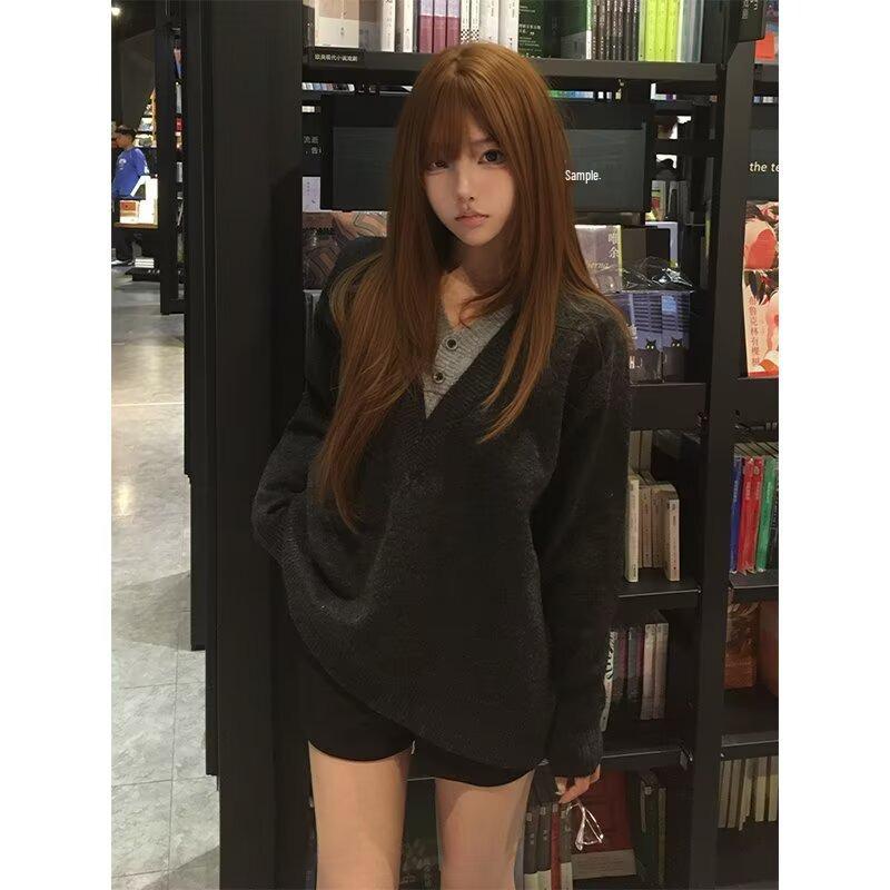 Men s Korean Style V-Neck Wool Knit Patchwork Sweater - Faux Two-Piece, High-End Look for Autumn/Winter L чёрный