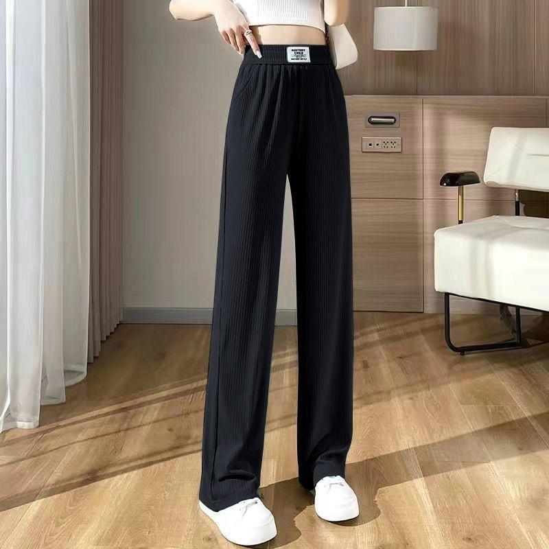 

Women s High-Waisted Ice Silk Wide-Leg Pants - Slimming, Drapey, Versatile, Casual Style S чёрный