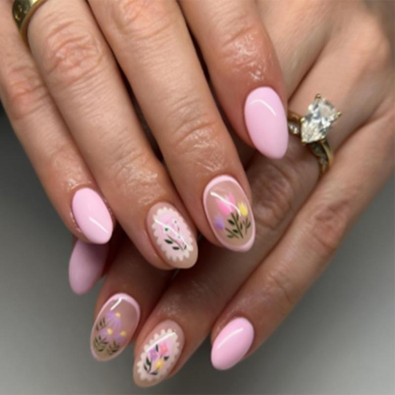 24Pcs Almond Press On Nail Flower French Fake Nail Acrylic False Nail,Artificial Nail Glues On Nail for Womens Girls