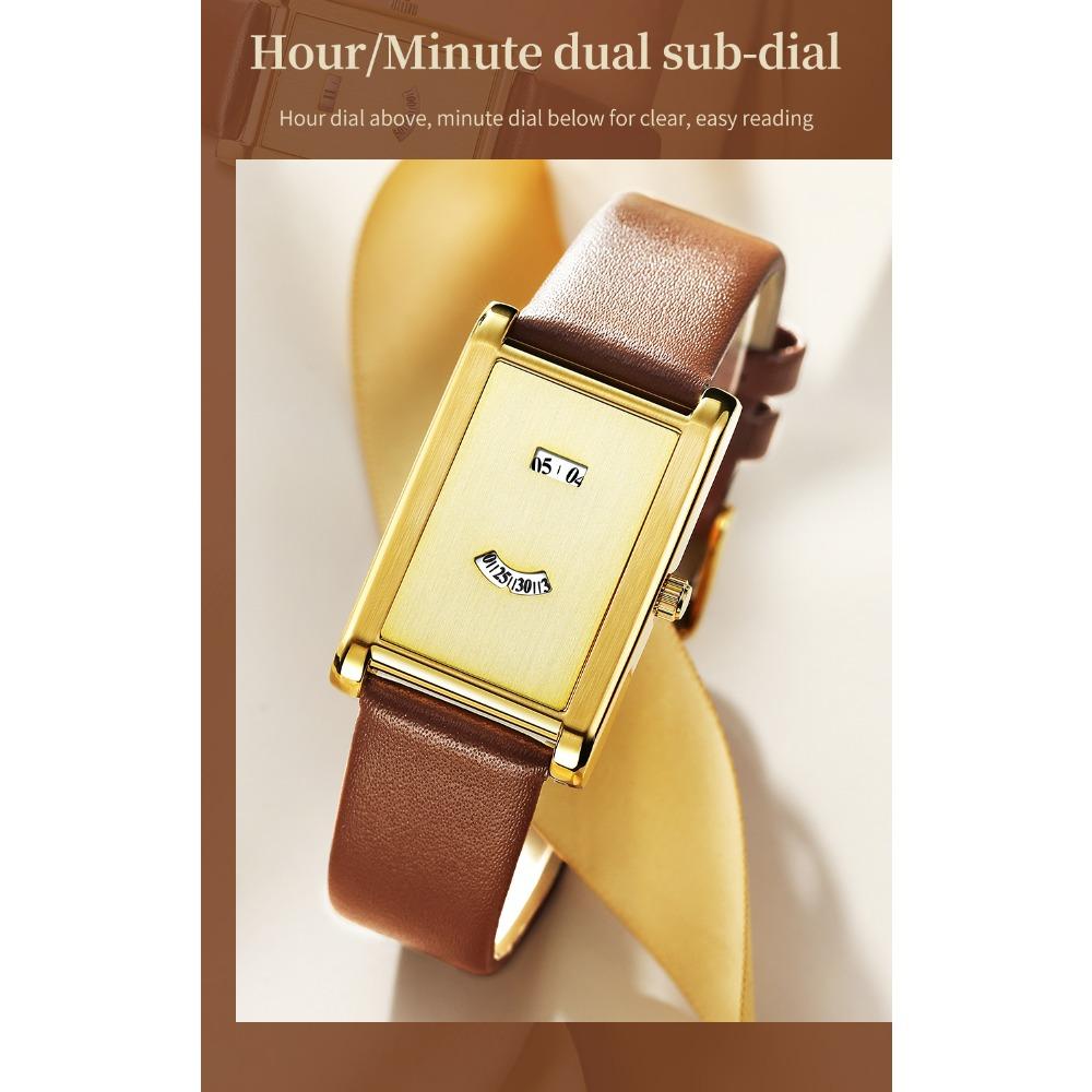 Women Rectangle Quartz Wristwatch Leather Strap Date & Minute Display Dress Daily Watch