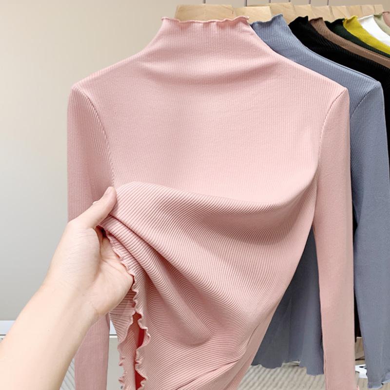 Women's Modal High Neck Long Sleeve Shirt - Elastic Slim Fit, Trendy Thin Style for Spring, Autumn, and Winter.