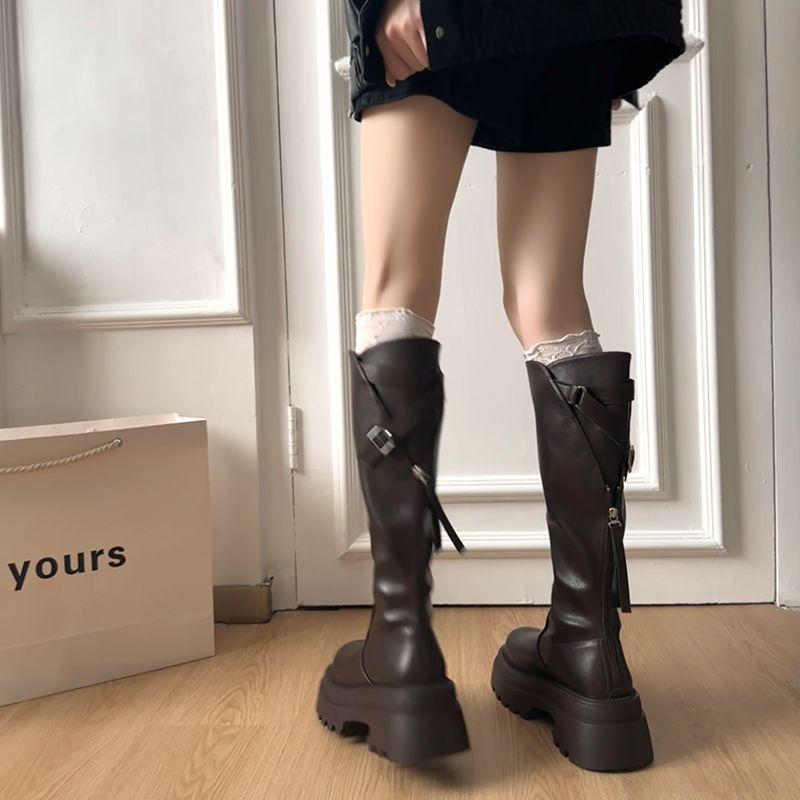 

2025 осень и зима новые маленькие рыцарские сапоги задняя молния толстая подошва высокий голенище эластичные сапоги до колена дети 40 коричневый