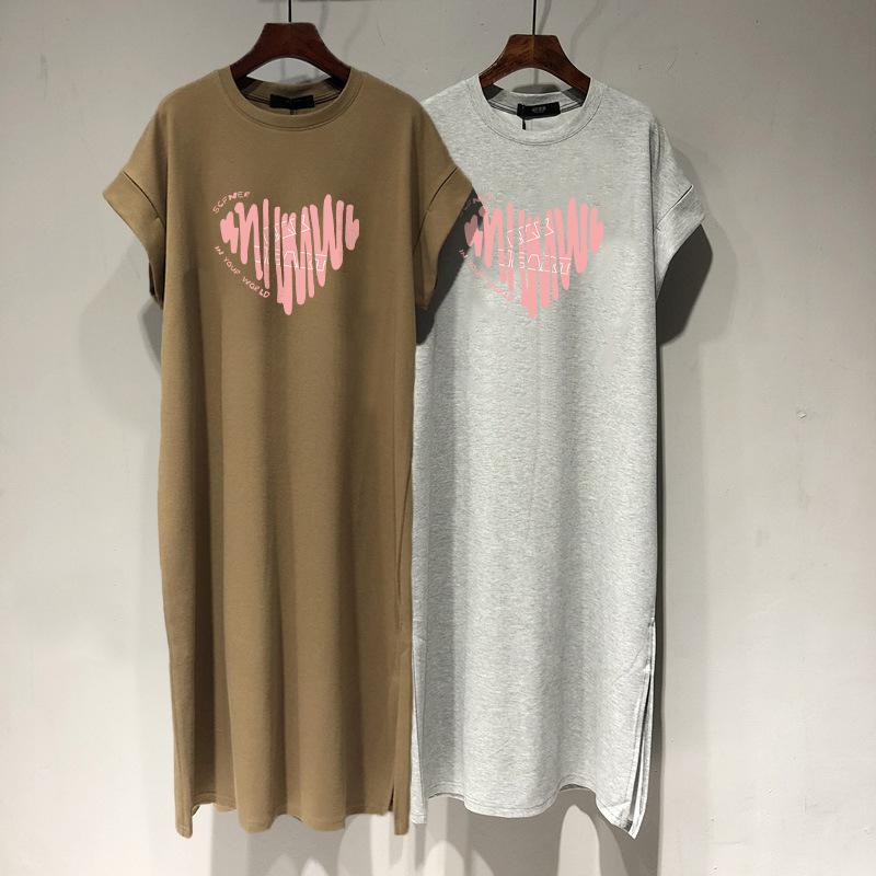 

Новая хлопковая футболка с короткими рукавами, юбка, женская, Love Loose, повседневная, большого размера, платье с рукавами-крылышками, длинное платье XXL хаки