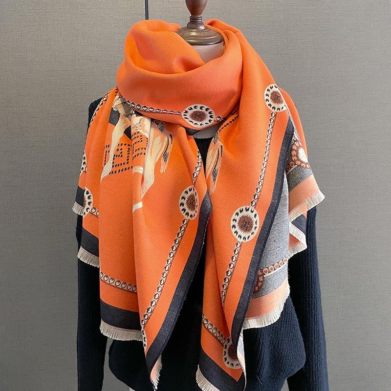 Luxury Winter Faux Cashmere Scarf for Women Fashionable Thickened Little Horse Design European And American Style Warm Shawl