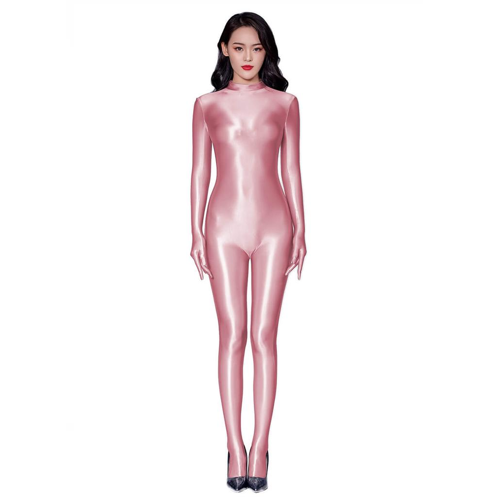 Metelam Unisex Glänzender Einteiler Wet-Look Satin Langarm Mit Füßen Catsuit Rollkragen Reißverschluss Hinten Trikot Mit Fingerhandschuhen