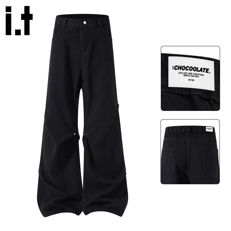 CHOCOOLATEit Men's Wide Leg Straight Fit Rivet Jeans