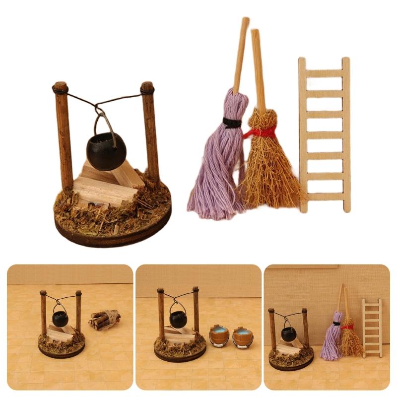 Miniature Pastoral Garden Scene Dollhouses Decoration Recreates Rural Country Life with Realistic Stove Firewood Mop