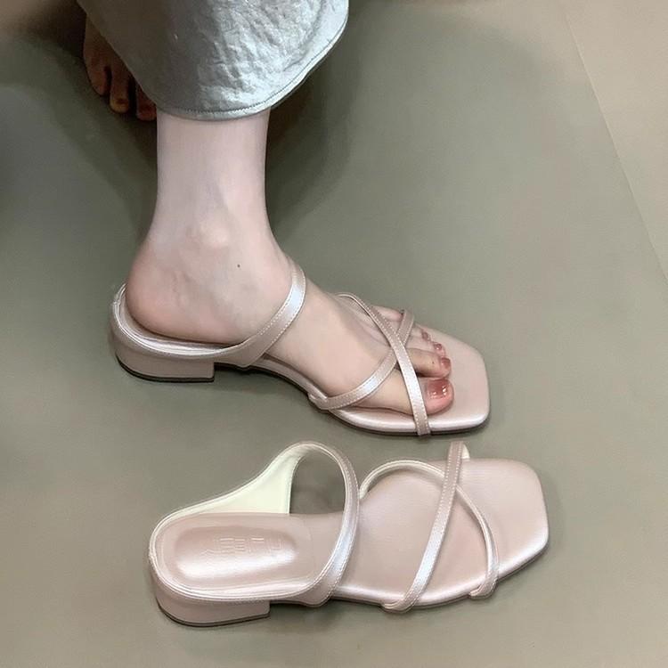 Soft leather version~ French gentle cross with open-toed sandals women's summer temperament square head fashion niche one-word slippers