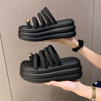 Fashion Thick Soled Sandals Women's New Open Toe Black Beige Slippers Sandals 7CM Summer Female Roman Beach Platform Heels Women Slides
