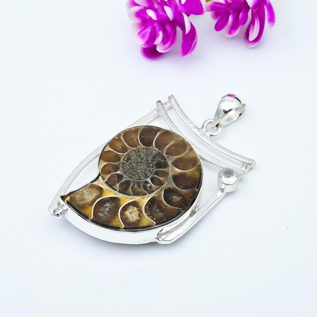 Ammonite Fossil, White Topaz 925 Solid Sterling Silver Pendant, Handmade Gemstone Jewelry Pendant For Memorial Day