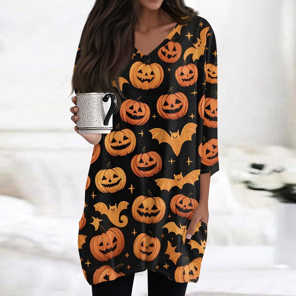 Womens's Fashion Casual Halloween Print V-neck Mid Length Pocket 3/4 Sleeve Top