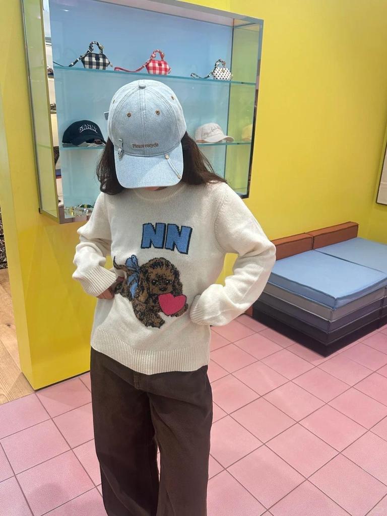 Women's Wool Blend Heart Happy Dog Pattern Sweater - Round Neck Pullover, 2026 New Style
